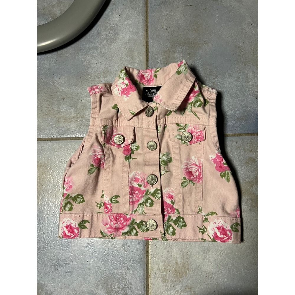 My Destiny Toddler Girls Pink Floral Denim Vest Button Up 18M Rose Print Cotton